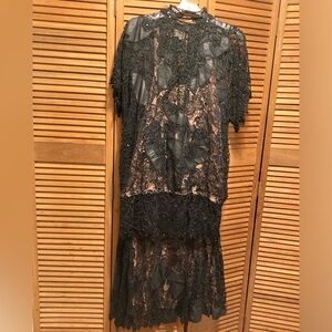 Vintage 1980’s Judith Ann Plus Black Leather, Lace & Beaded Skirt/Top/Dress